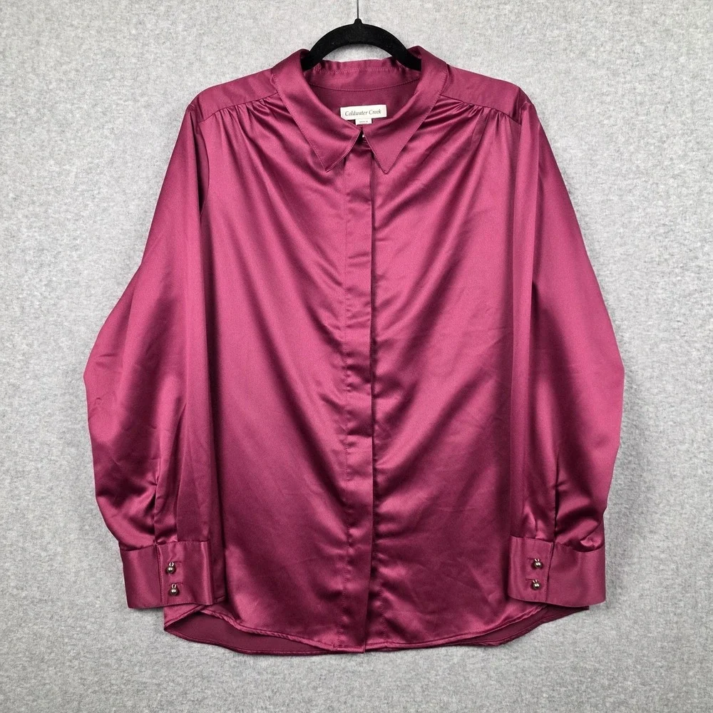 Coldwater Creek Shirt Womens 1X Pink Satin Button Front Long Sleeve Blouse Top - Picture 1 of 10